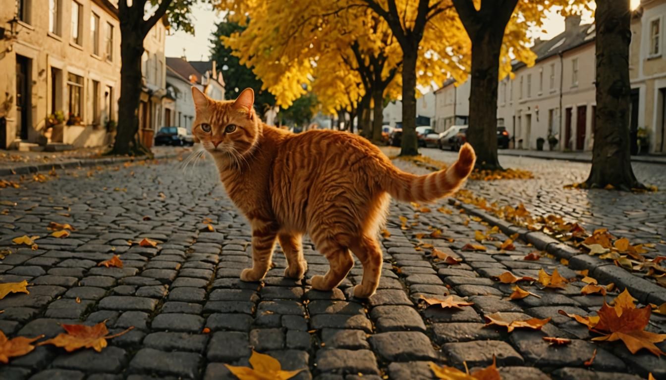 Orange Tabby Cat Stroll at Autumn Sunset