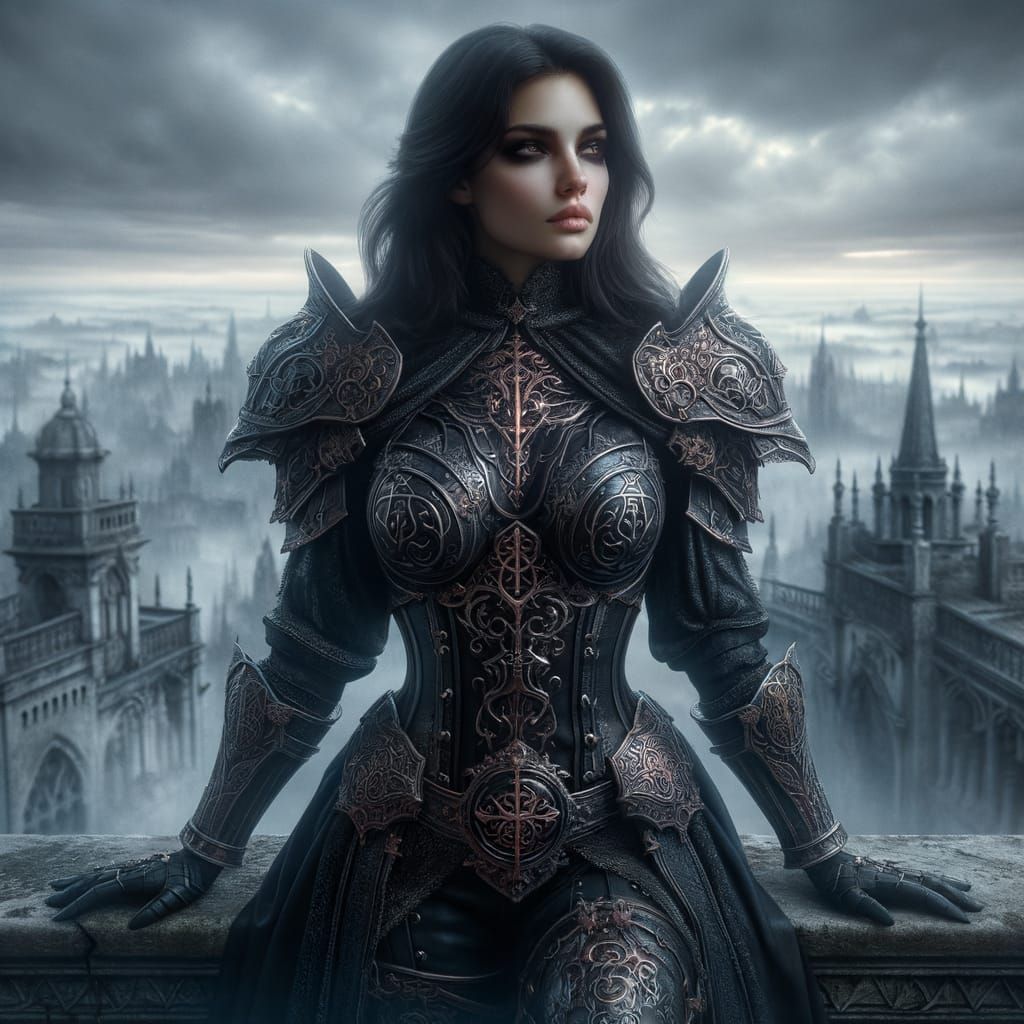 Gothic Warrior Woman on Parapet Overlooking Foggy City