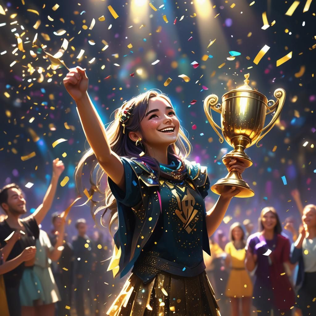 Girl Celebrates Victory with Trophy and Confetti