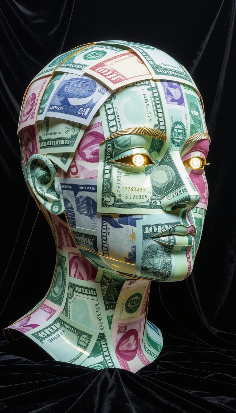 Sculpture of Face Made of Banknotes with Coin Eyes