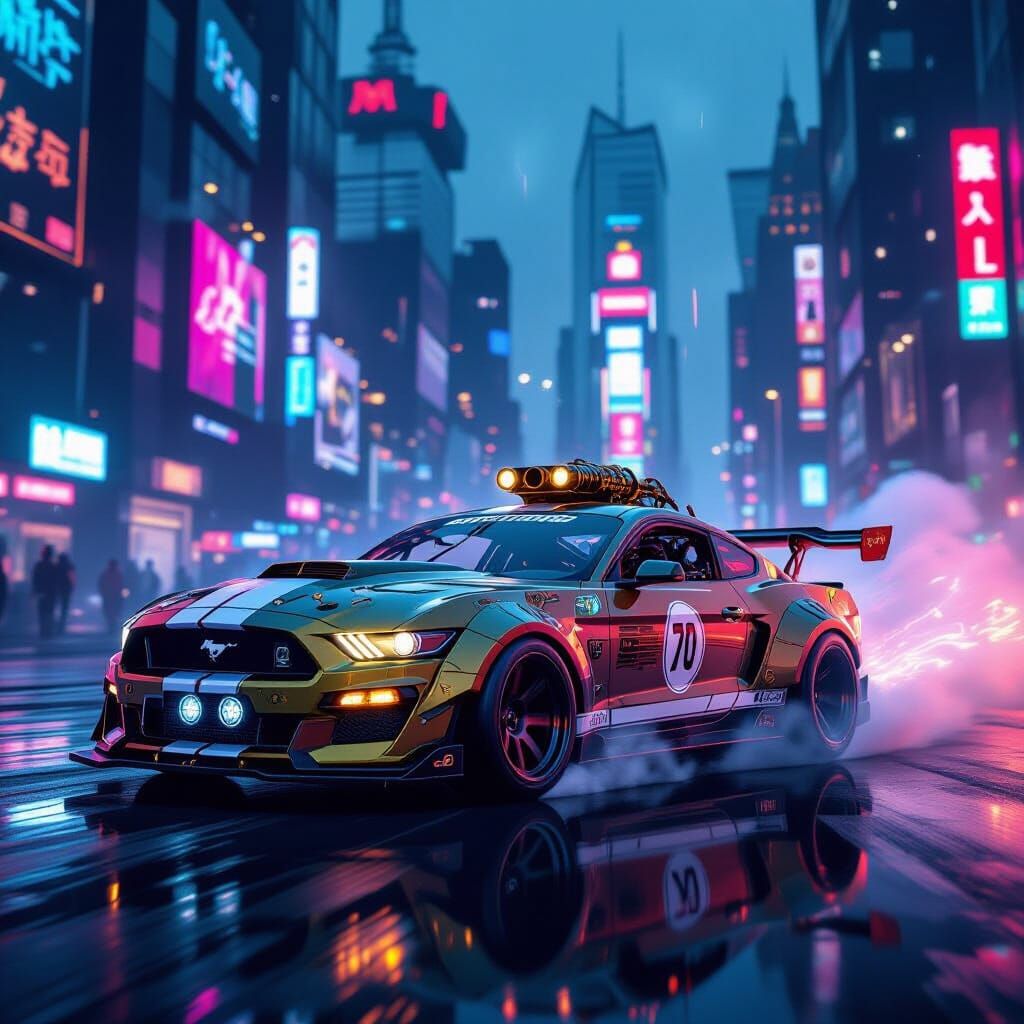 Steampunk Mustang Drifts Through Cyberpunk Cityscape