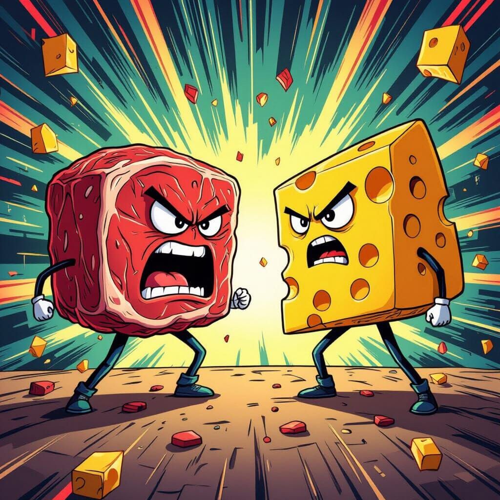 Furious Meat vs Upset Cheese: Anime-Inspired Standoff
