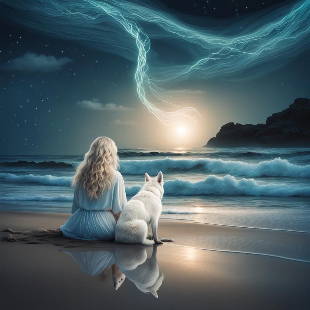 Bioluminescent Beach with Angel Woman in Romantic Style