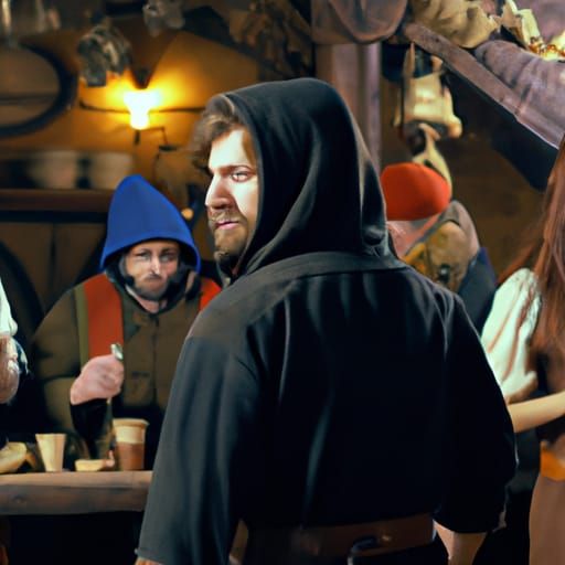 Hooded Adventurer in a Lively Medieval Tavern