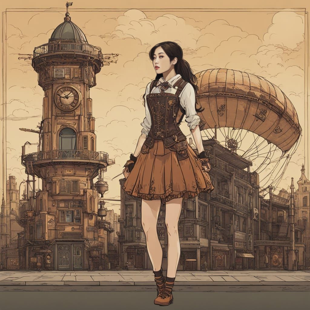 Vietnamese Woman in Steampunk Dress Overlooking Cityscape