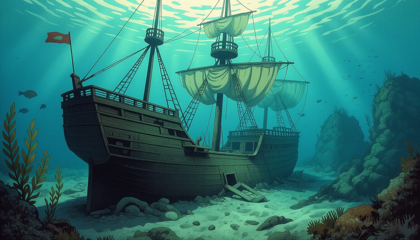 Engraved Underwater World with Sunken Ship