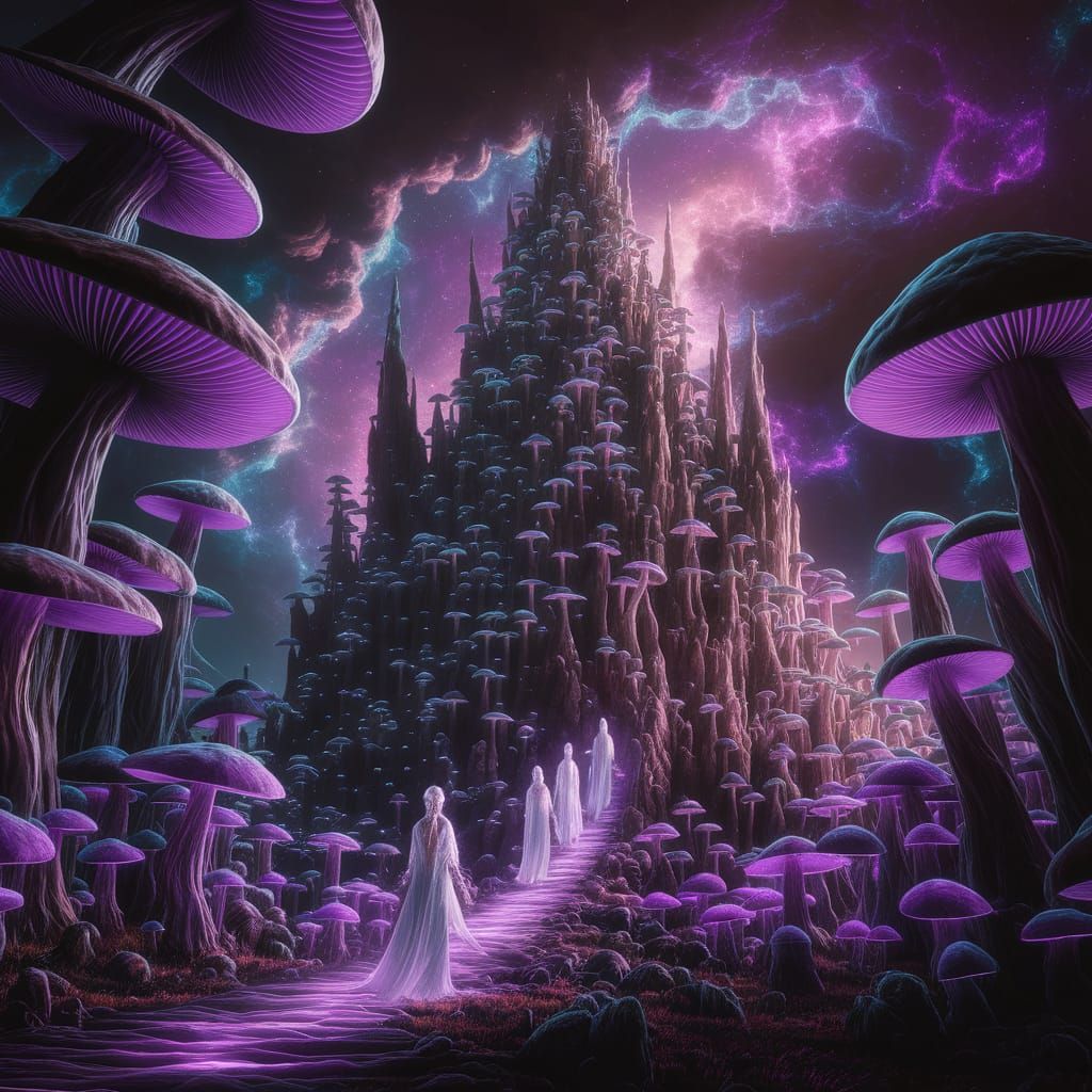 Elven City in Bioluminescent Mushroom Forest Under Nebula Sk...