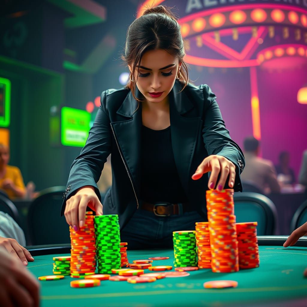 Woman Pushes Neon Chips in Cyberpunk Poker Game