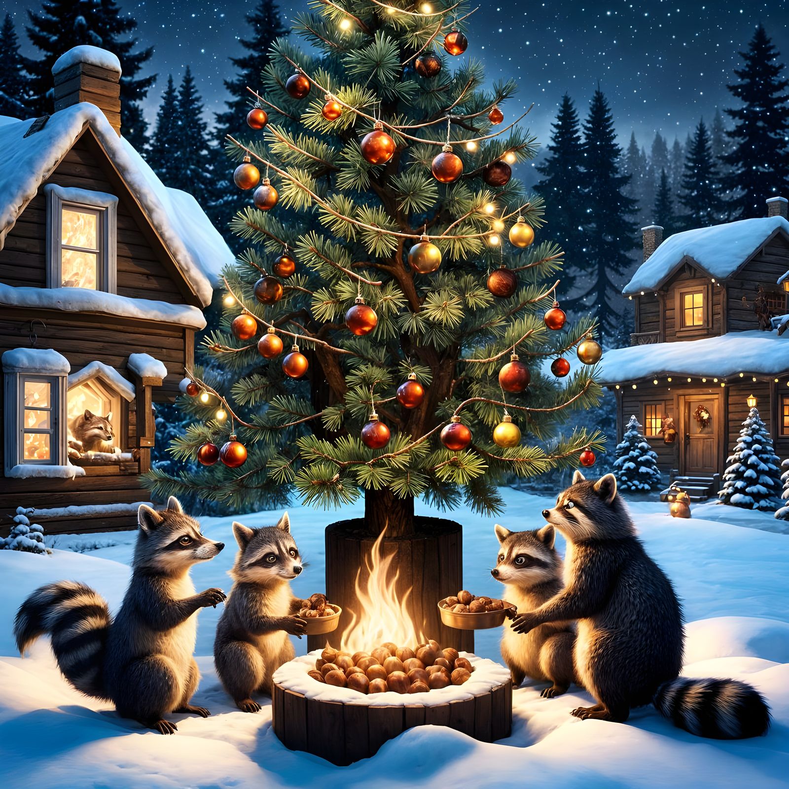 Raccoon Family Delights in Winter Wonderland Scene, Epic Unr...