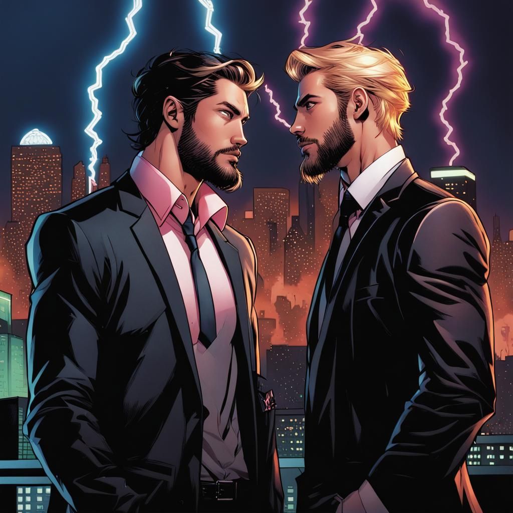 Comic Book Style Face-Off Under Neon Lightning