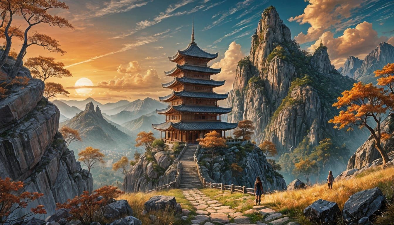 Ancient Pagoda on Rocky Mountain at Sunset