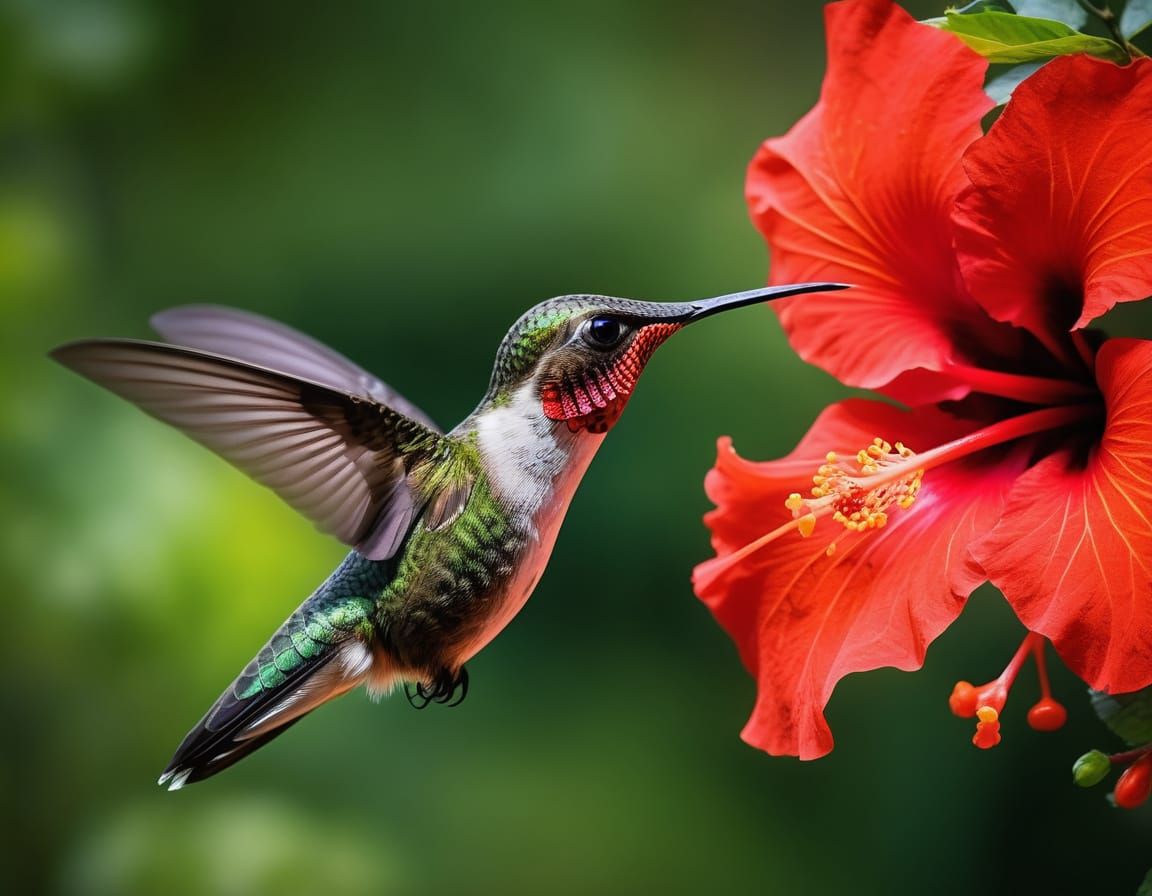 Hummingbird in Vibrant Red Hibiscus Bloom