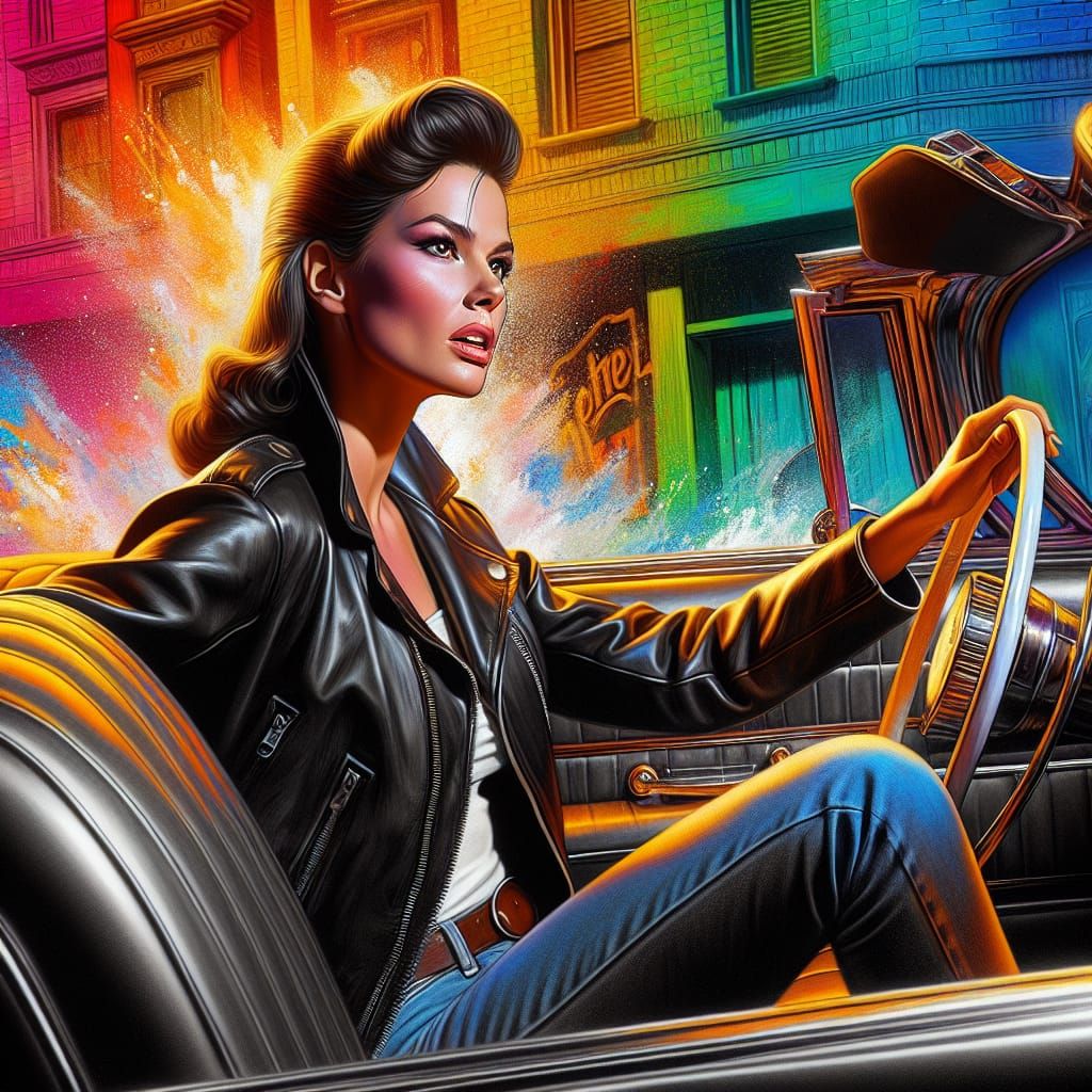 Hyperrealistic Woman in Cadillac: 1950s Movie Scene