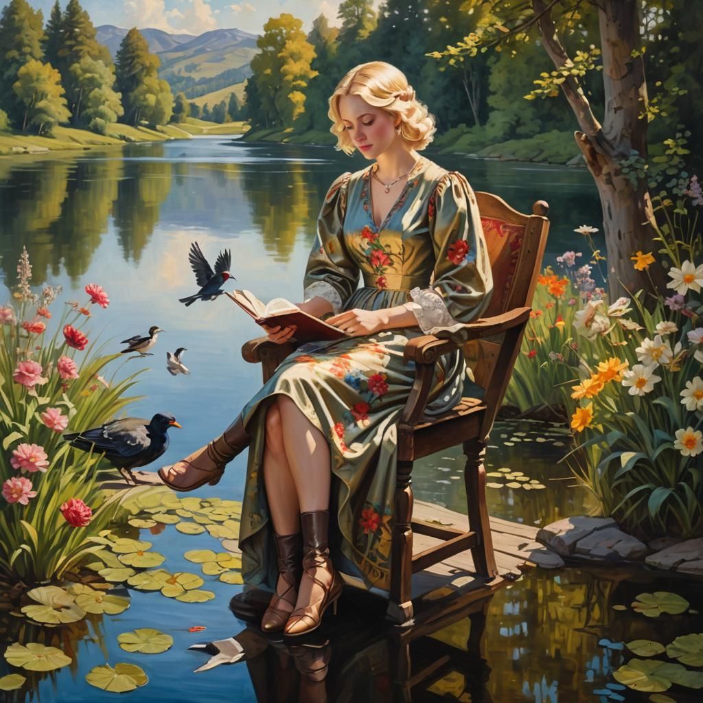 Blonde Queen Reading by Lake: 1980s Oil Painting