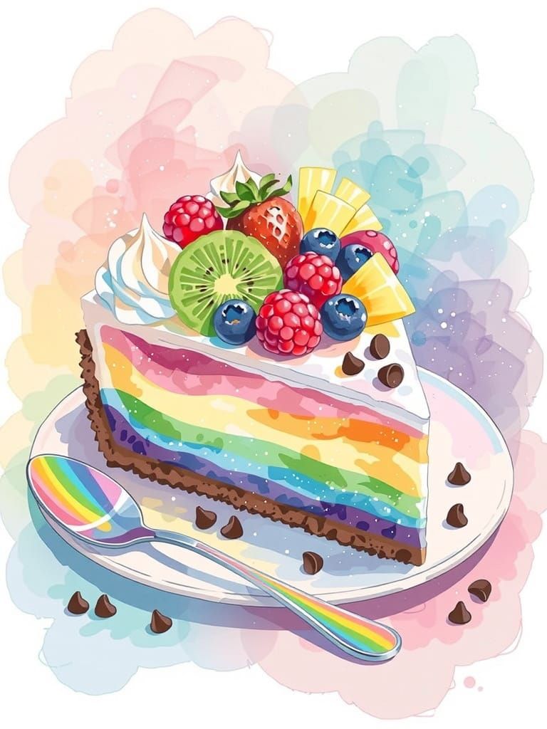 Whimsical Rainbow Cheesecake Slice with Berries
