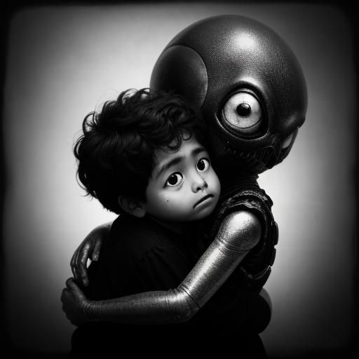 Touching Photo of Boy Hugging Alien in Vintage Style