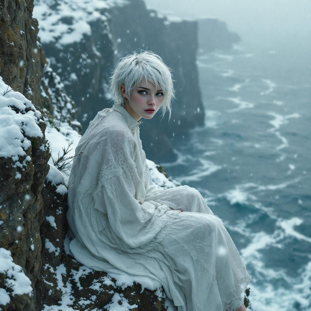 Albino Woman on Snowy Cliffs Overlooking Stormy Sea