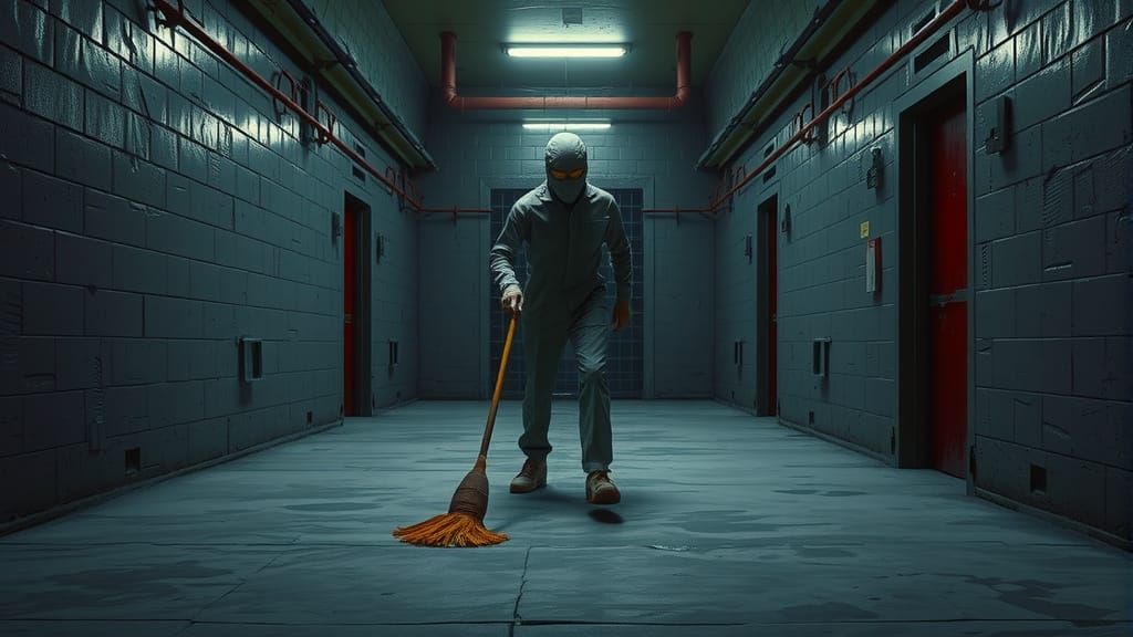 Dystopian Alien Prisoner Scrubs in Desolate Cellblock