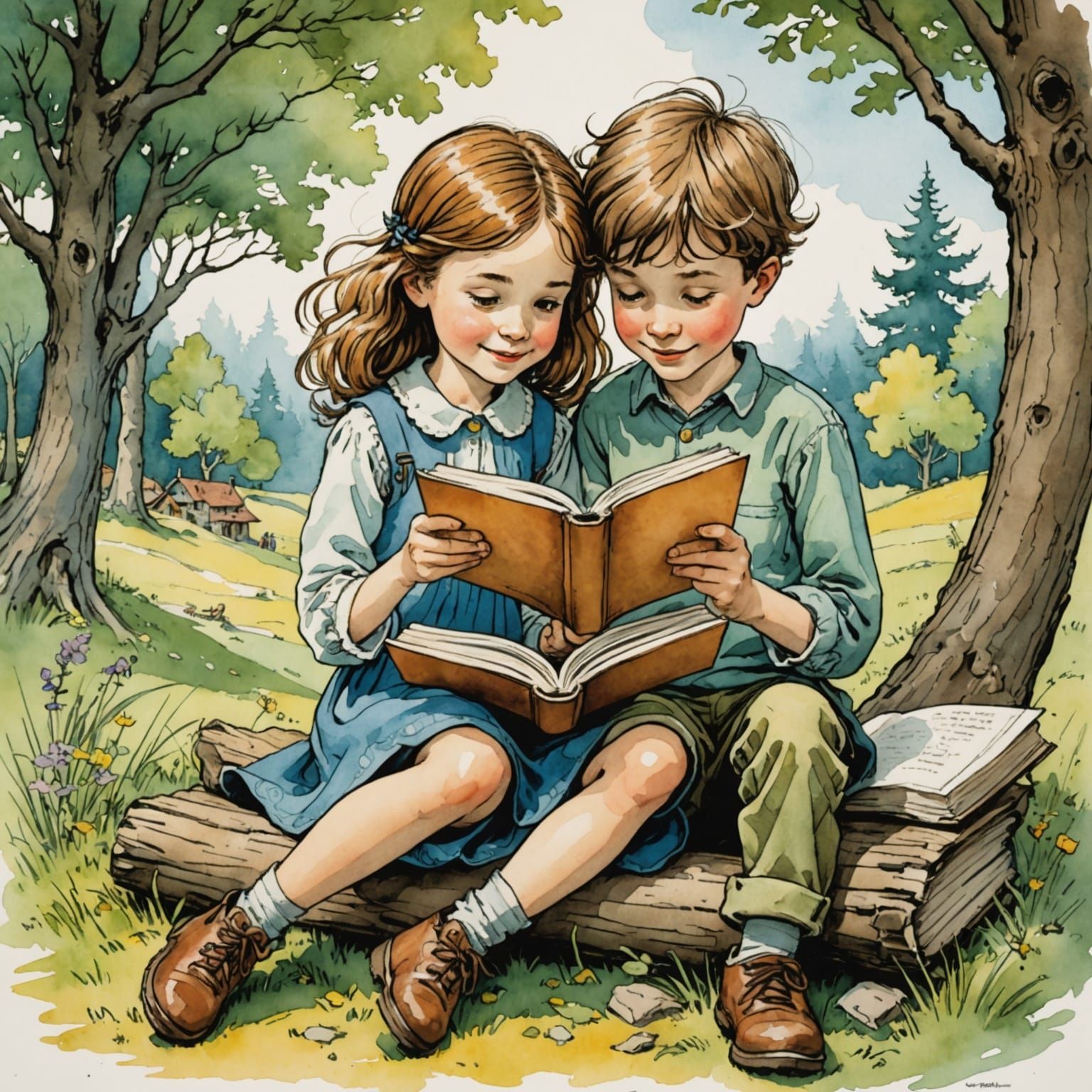 Cheerful Children Reading Books in Watercolor Illustration