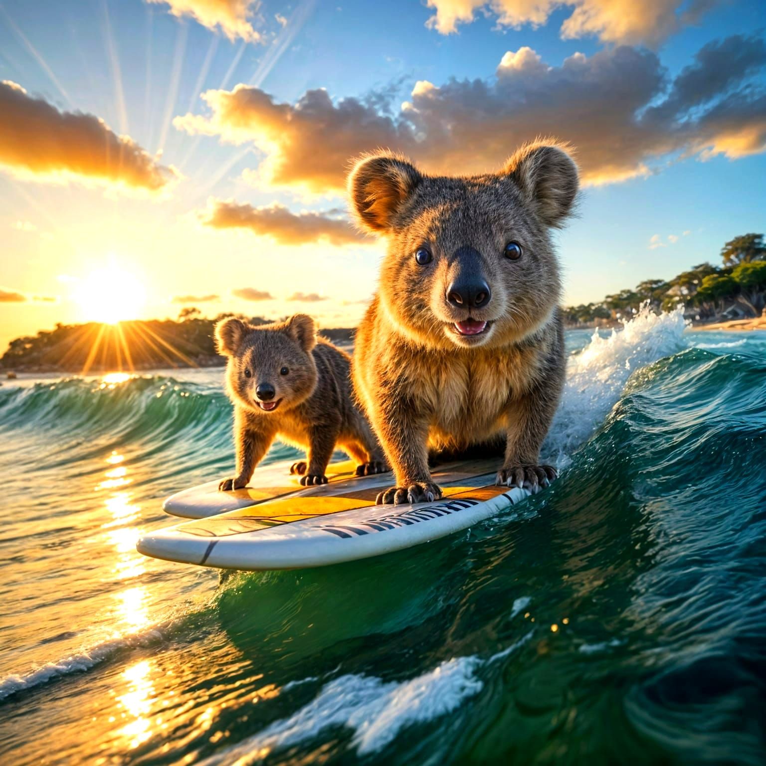 Friendly Quokkas and Koala Catch Waves on Colorful Surfboard...