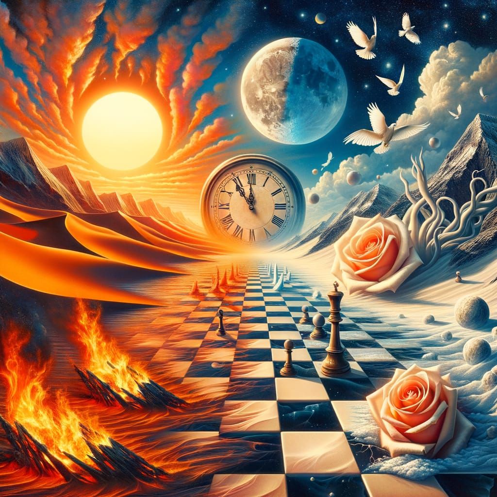 Surreal Absurdist Tableau: Fire, Ice, and Melting Clock