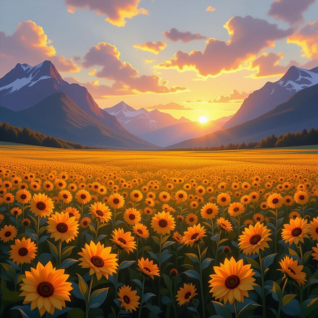 Enchanted Flower Field at Sunset: Majestic Mountains in Fant...