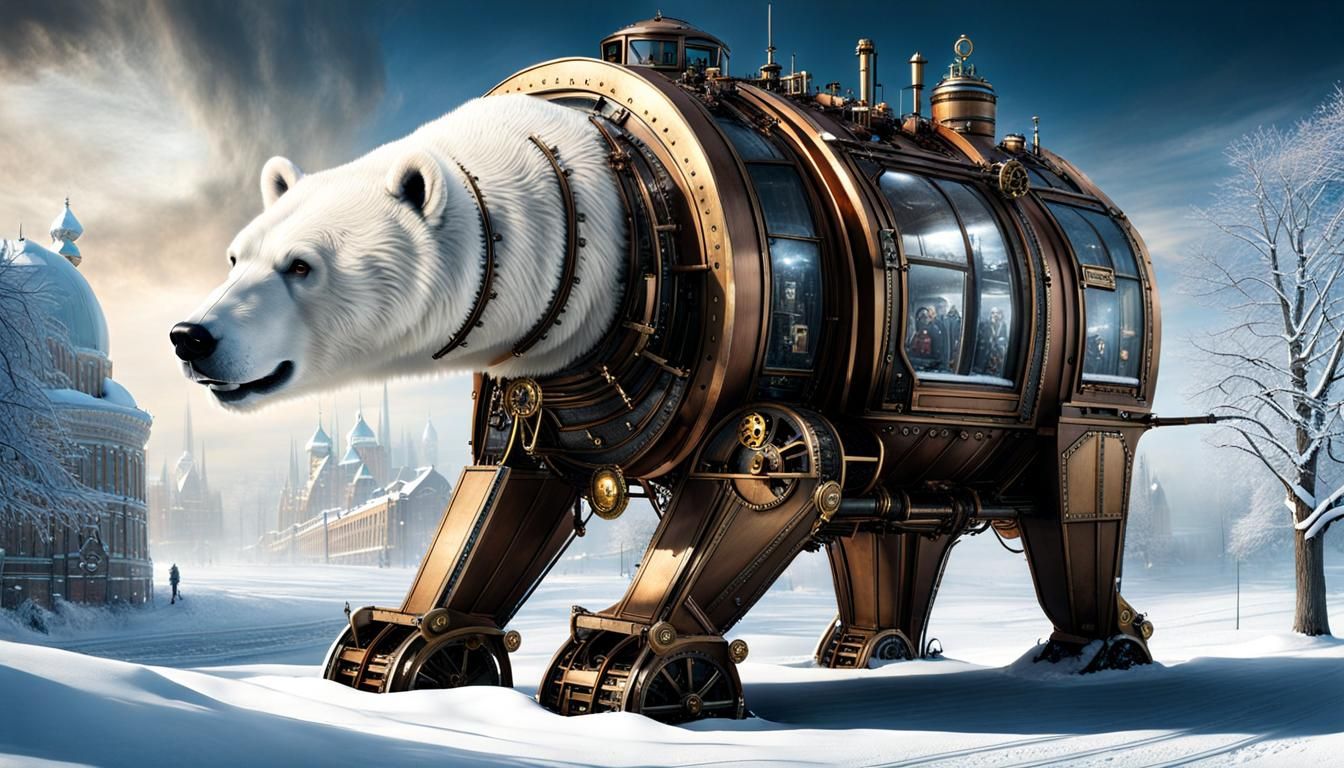 Steampunk Polar Bear Automaton in Winter Wonderland