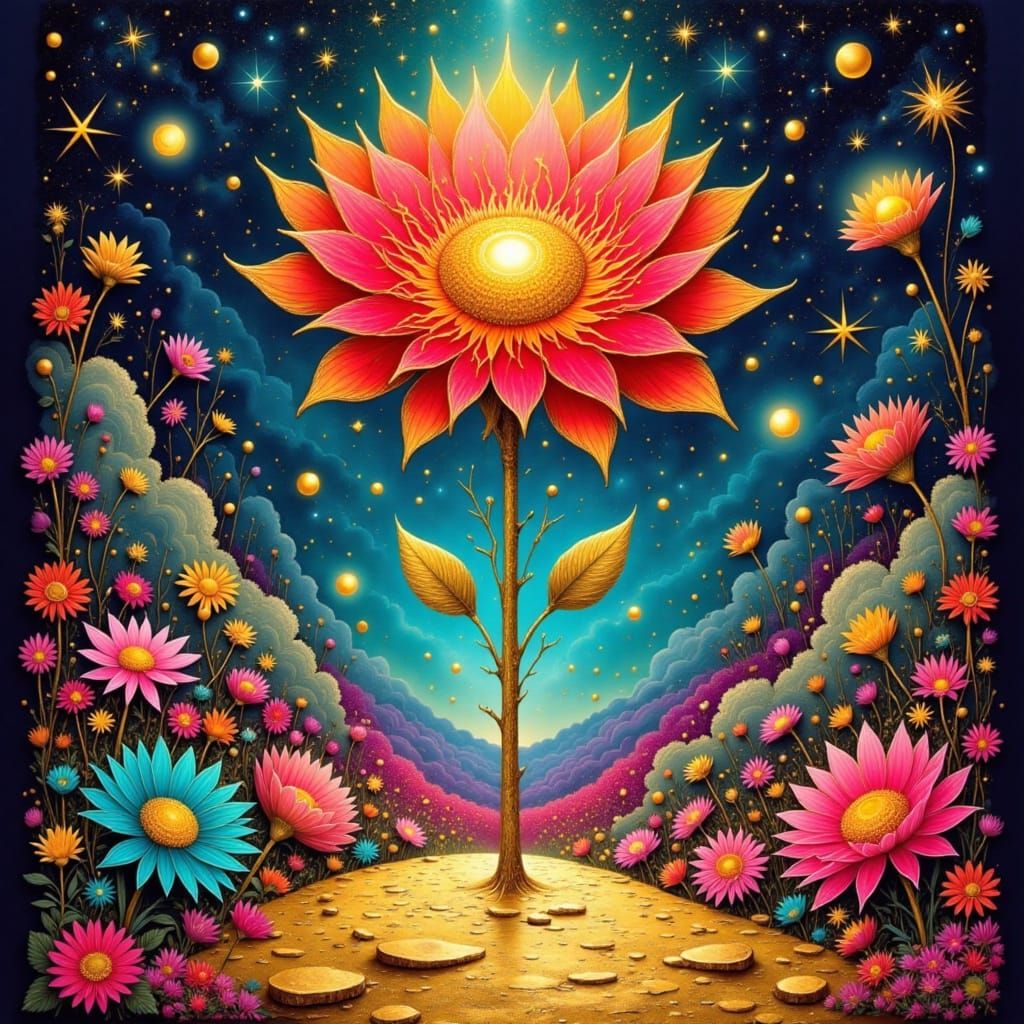 Gold and Red Flower in Psychedelic Dream Garden