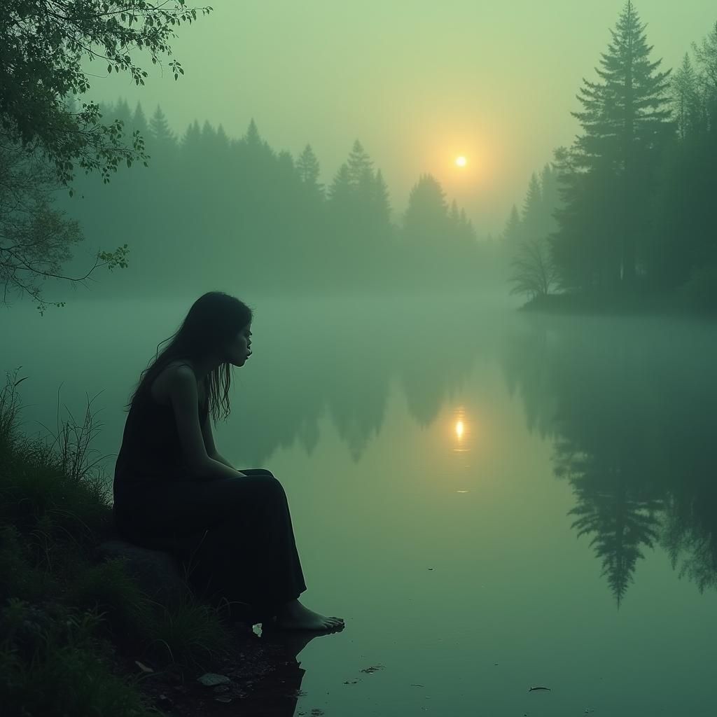 Contemplative Figure at Lake: Dreamy Digital Art