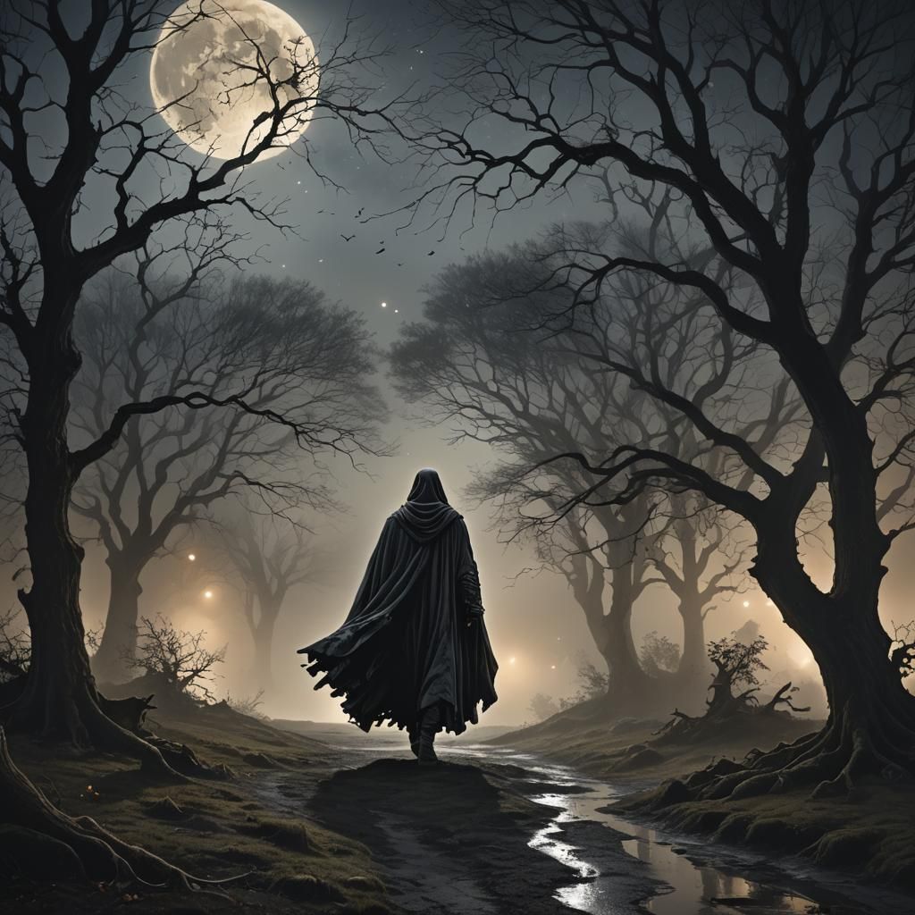 Moonlit Figure in Cloak: Dark Fantasy Scene