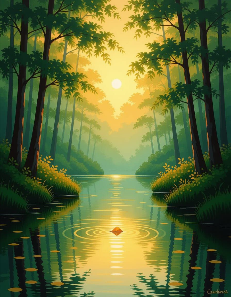 Tranquil Summer Dawn Landscape in Luminous Oil Painting Styl...