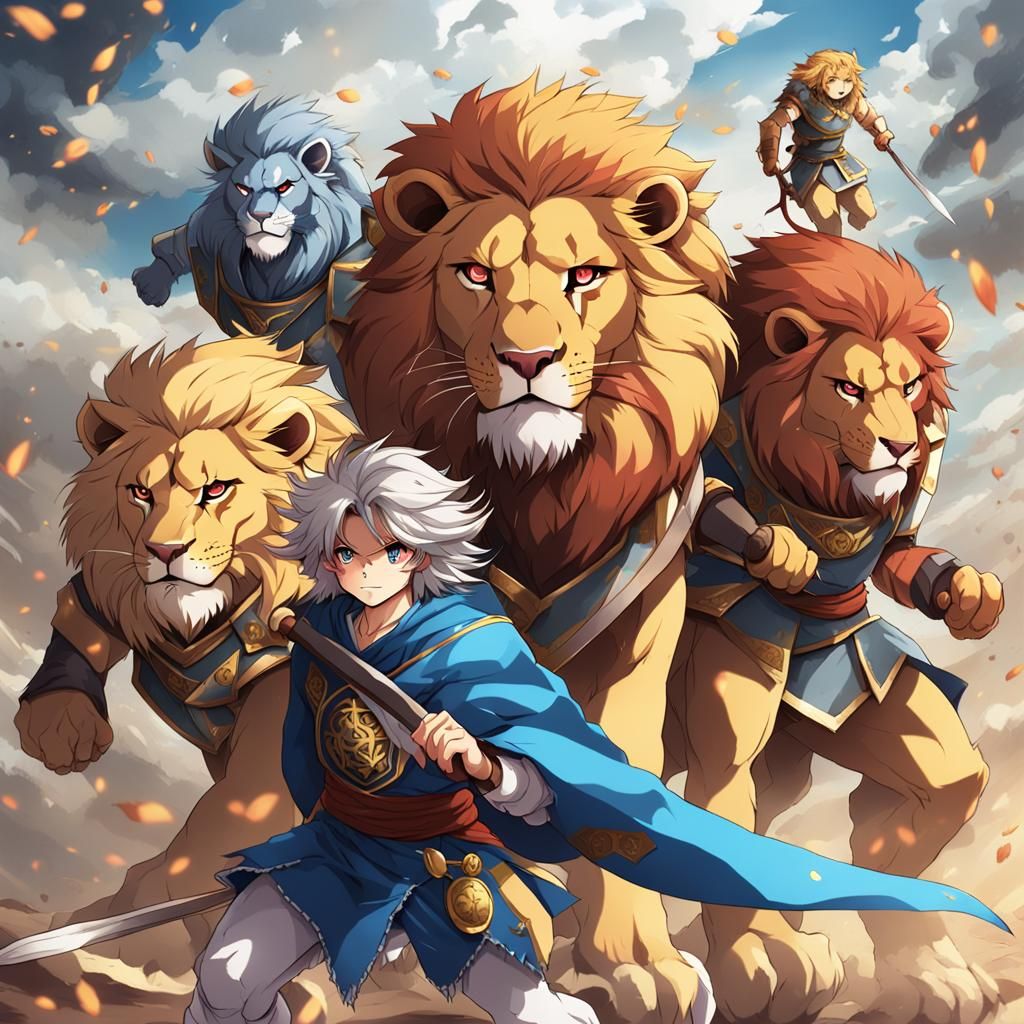 Lions as Warriors: Anime-Style Battle Scene