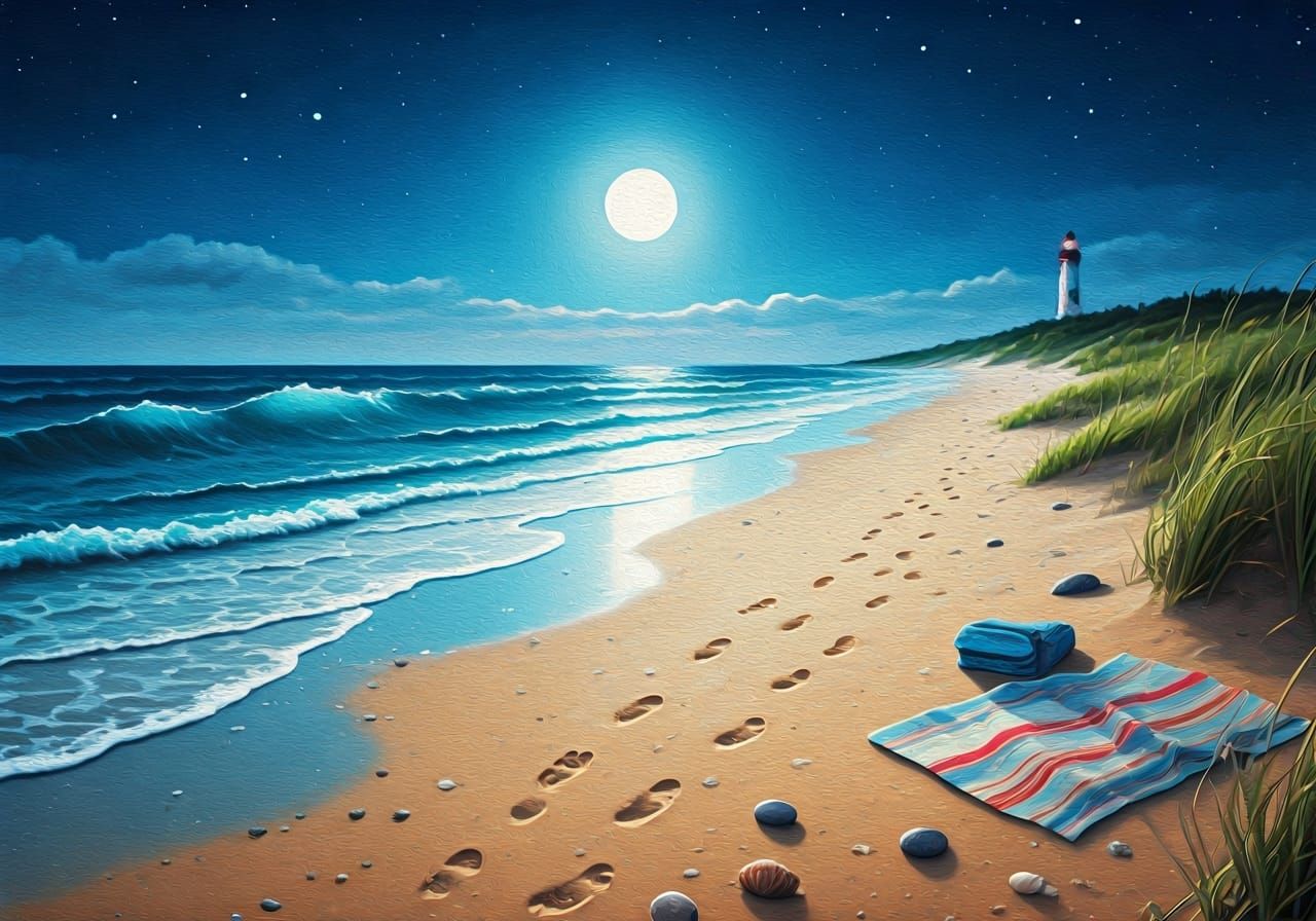 Moonlit Beach with Footprints, Watercolor Impasto Painting