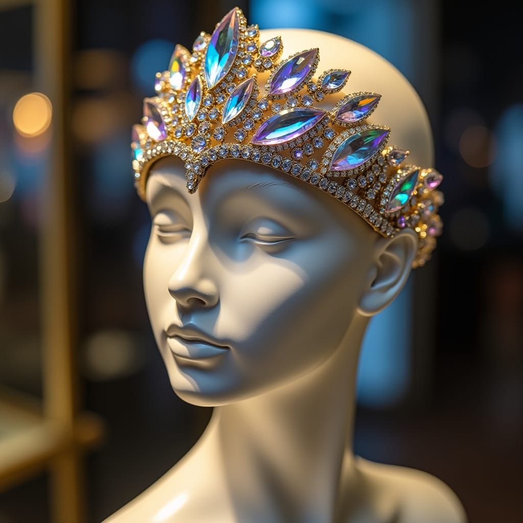 Lustrous Crystal Tiara on Mannequin Head in Jewelry Store