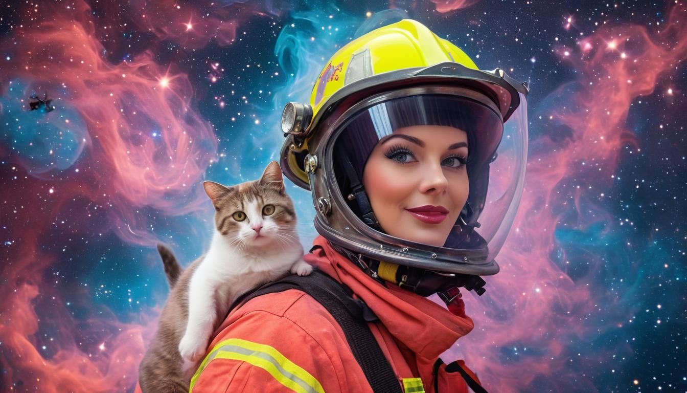 Kitschy Fireman Rescues Cat in Starry Nebula