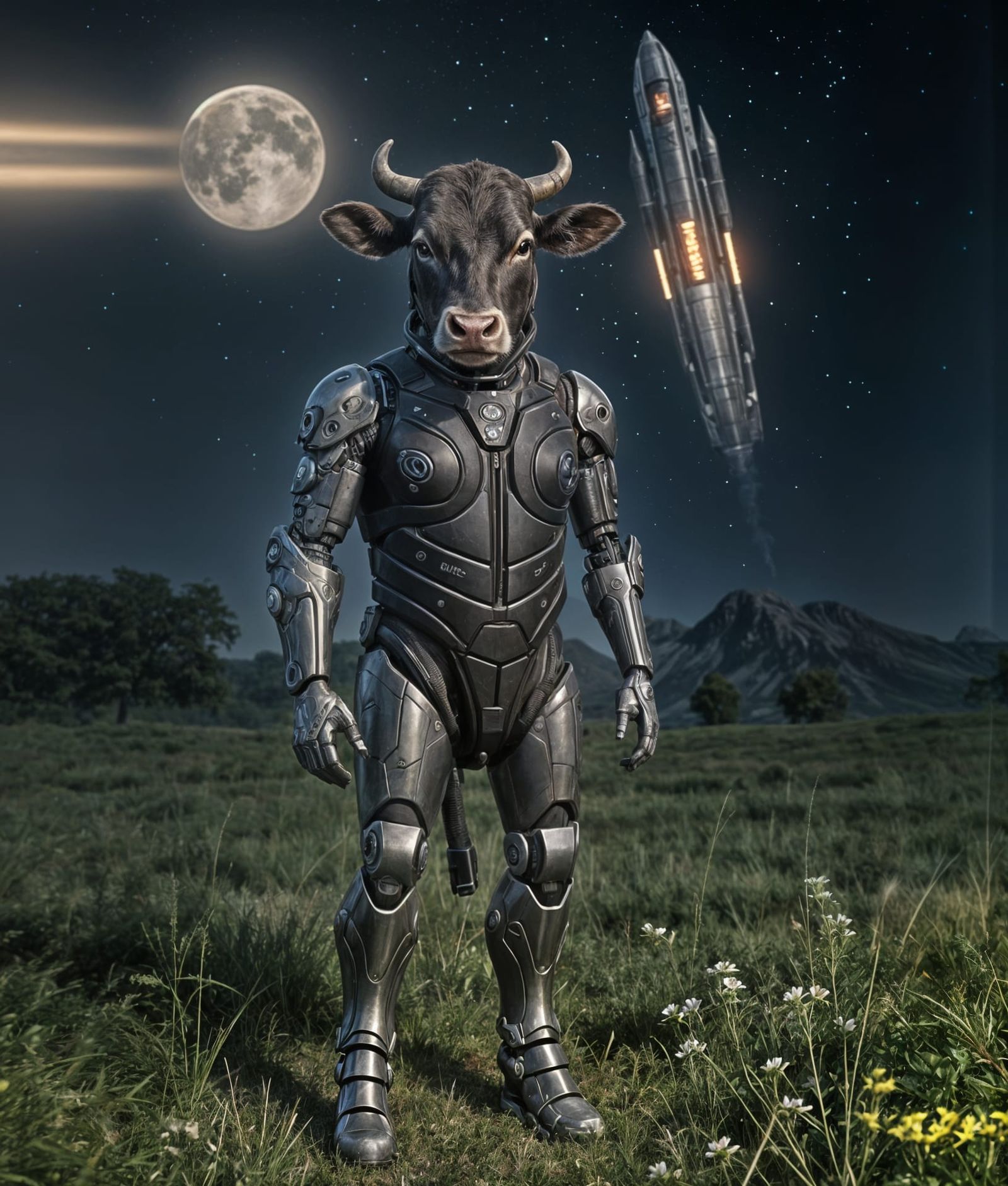 Cyborg Cow in Field as Spaceship Departs