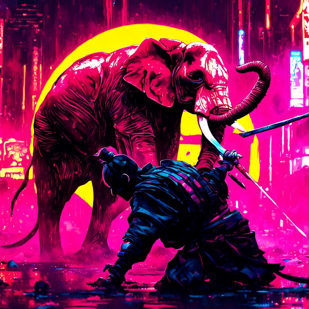 Cyberpunk Samurai Mouse Fight in Neon City