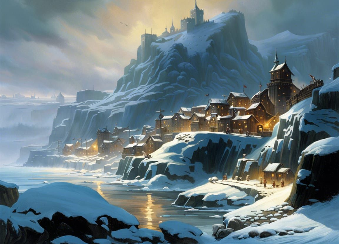 Coastal Viking City Covered in Snow and Ice