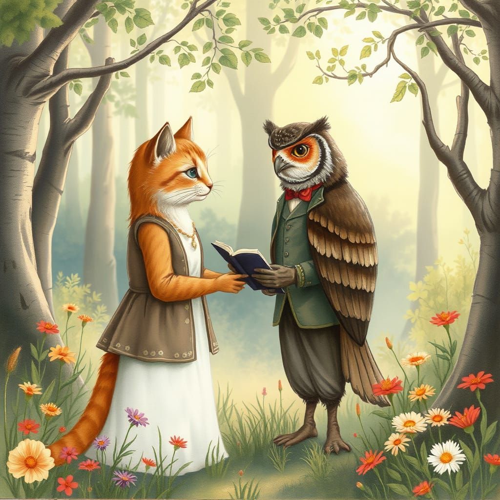 The cat said to the Owl, "You elegant fowl!
How charmingly sweet you sing!
O let us be married! too long we have tarried...