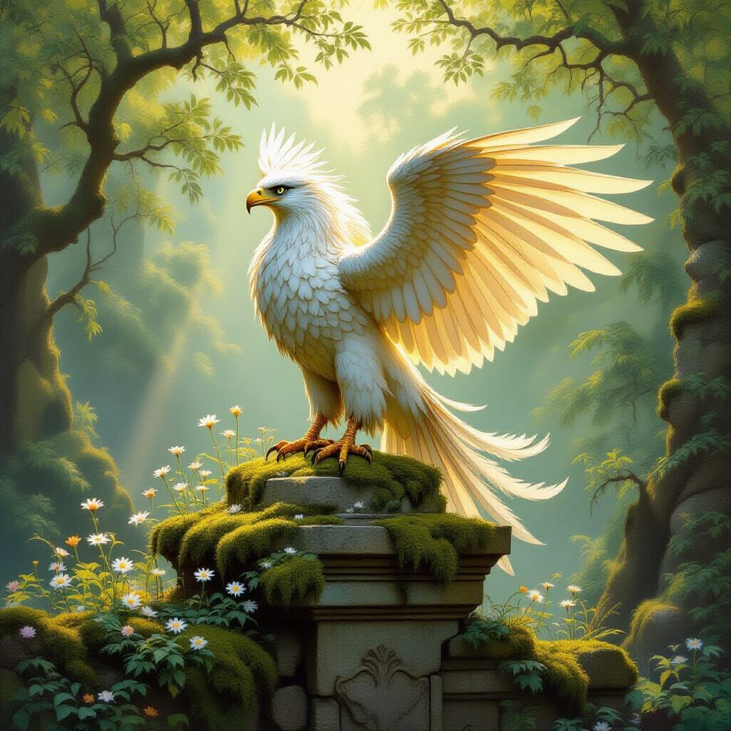 Majestic Griffin on Ancient Ruins in Oil Painting Style