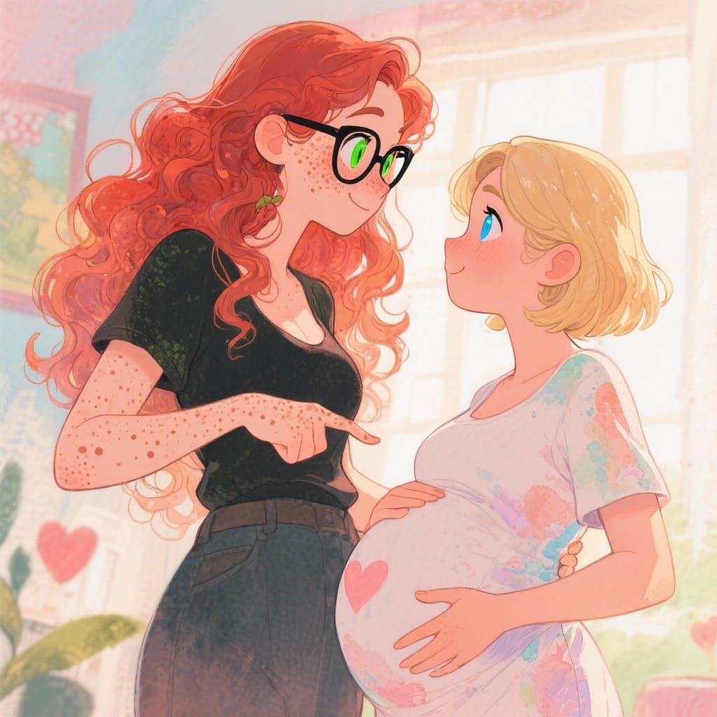 Redhead Teases Pregnant Girlfriend in Whimsical Digital Art