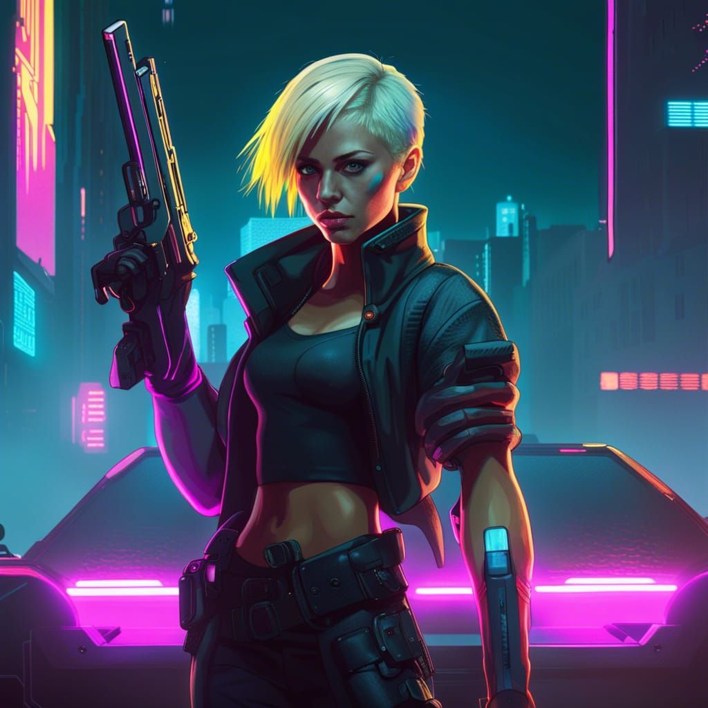Cyberpunk Woman with Gun in Neon Cityscape
