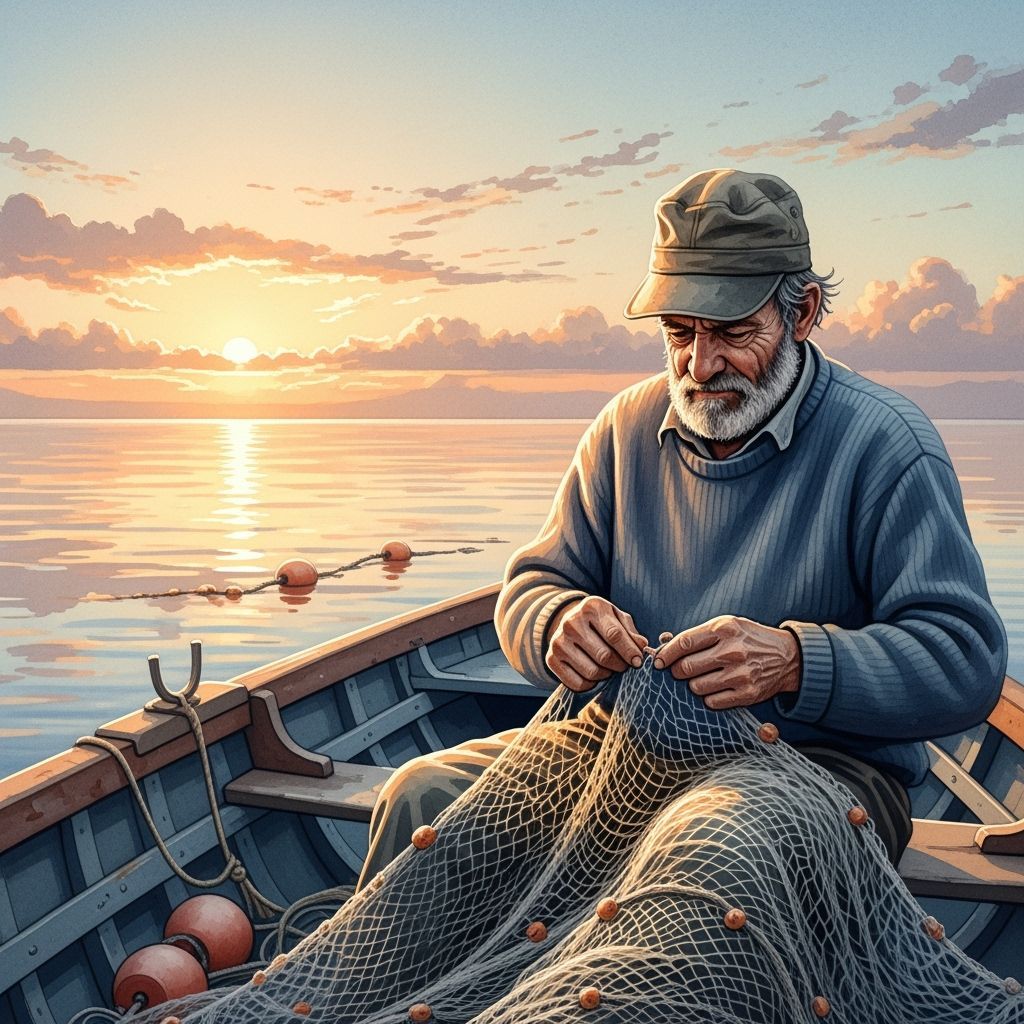Grizzled Fisherman Mending Net at Sunrise Watercolor Paintin...