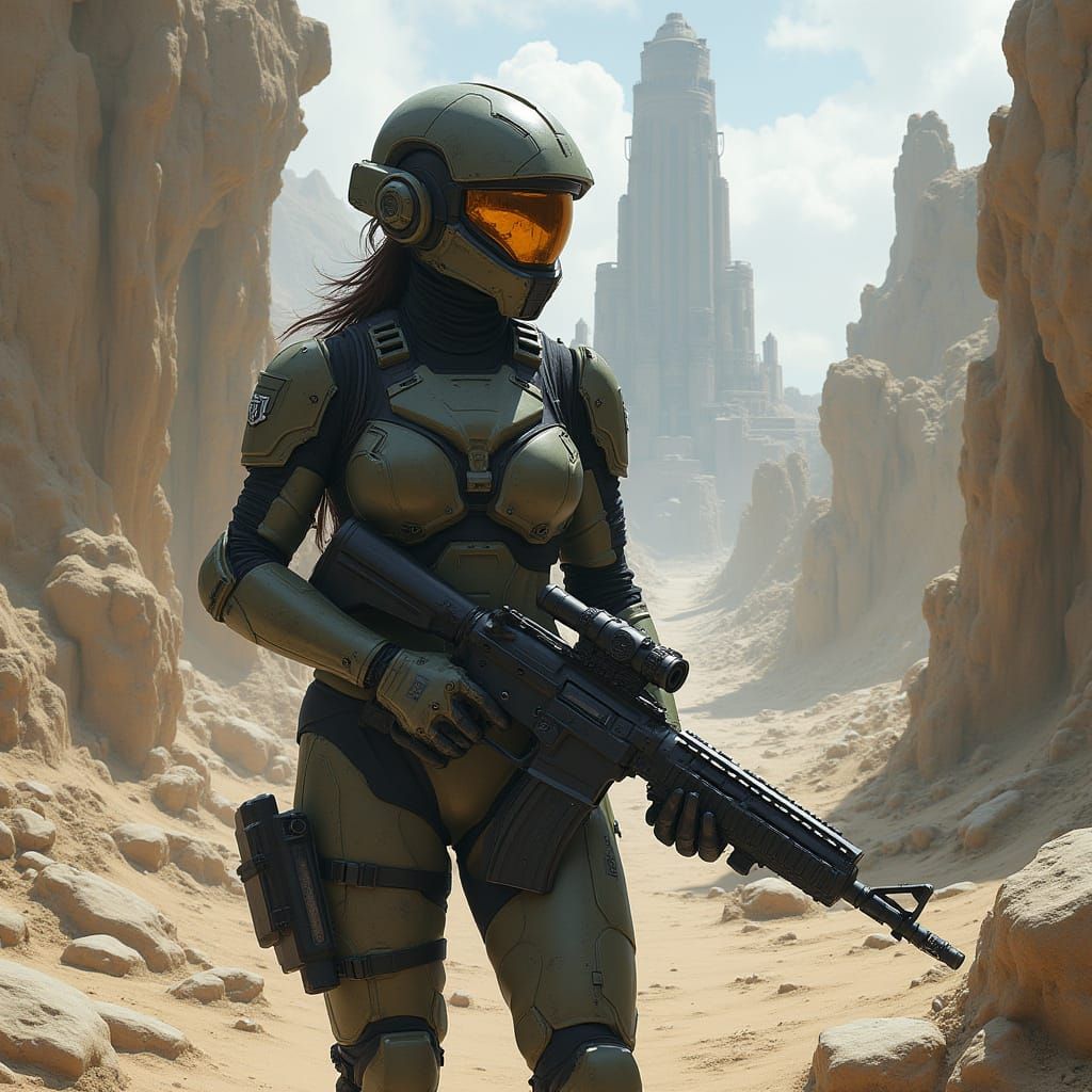Female Sci-Fi Soldier in Alien City Ruins