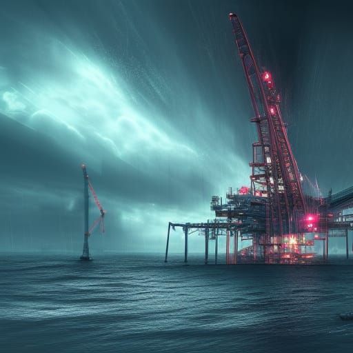 Cyberpunk Oil Rig in Stormy Night Seascape