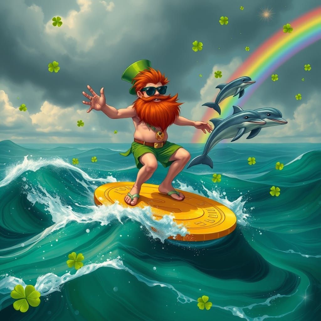 Leprechaun Surfing on Gold Coin: A Fantasy Scene