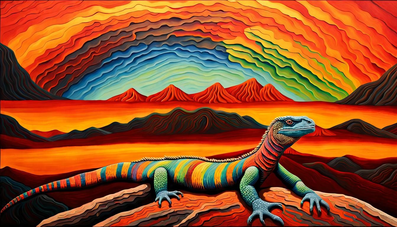 Giant Goanna Emerges from Uluru: Impasto Oil Painting