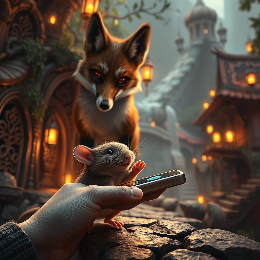 Mouse Grasps Phone as Fox Lurks in Medieval Village Shadows