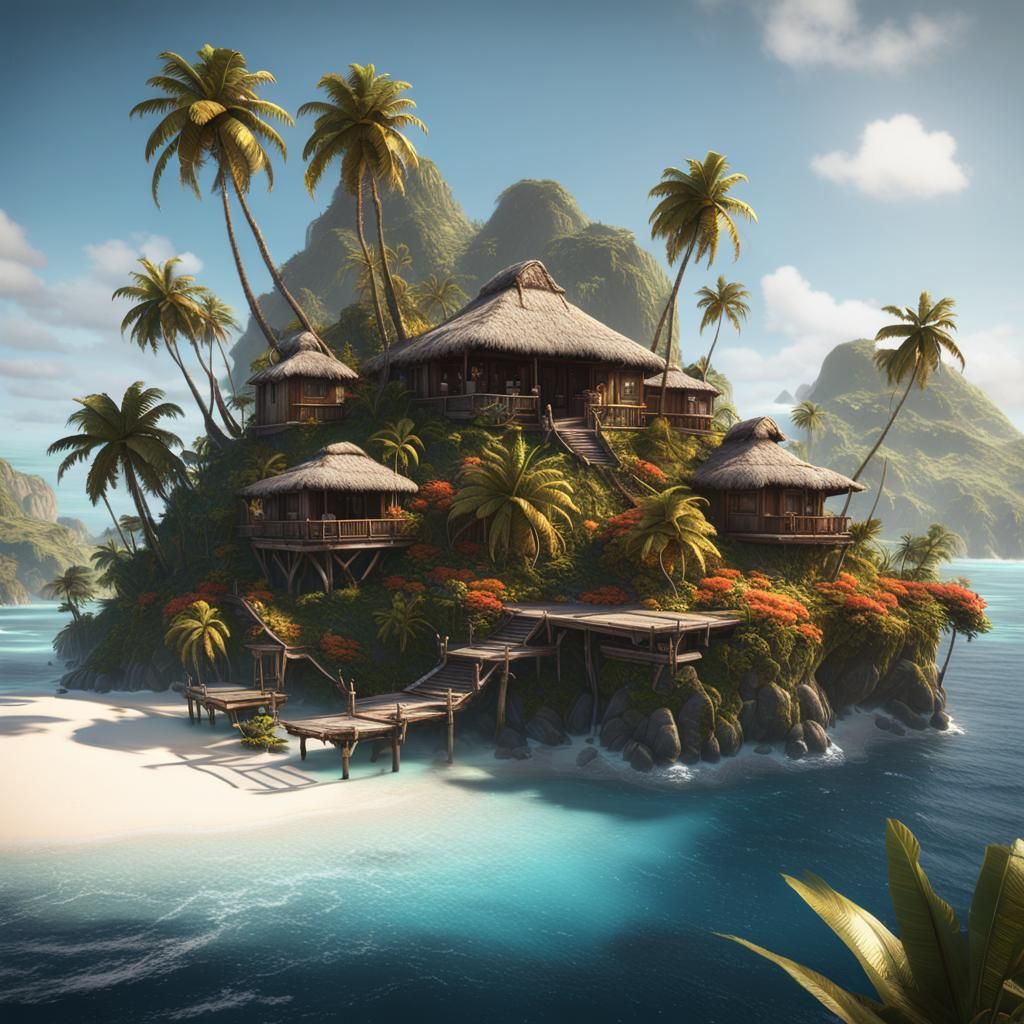 Tropical Island with Huts in 3D Game Style