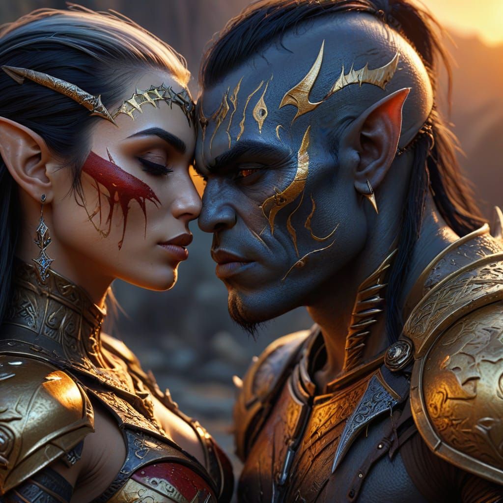 Fantasy Art: Dark Elf Thief and Orc Husband Kissing